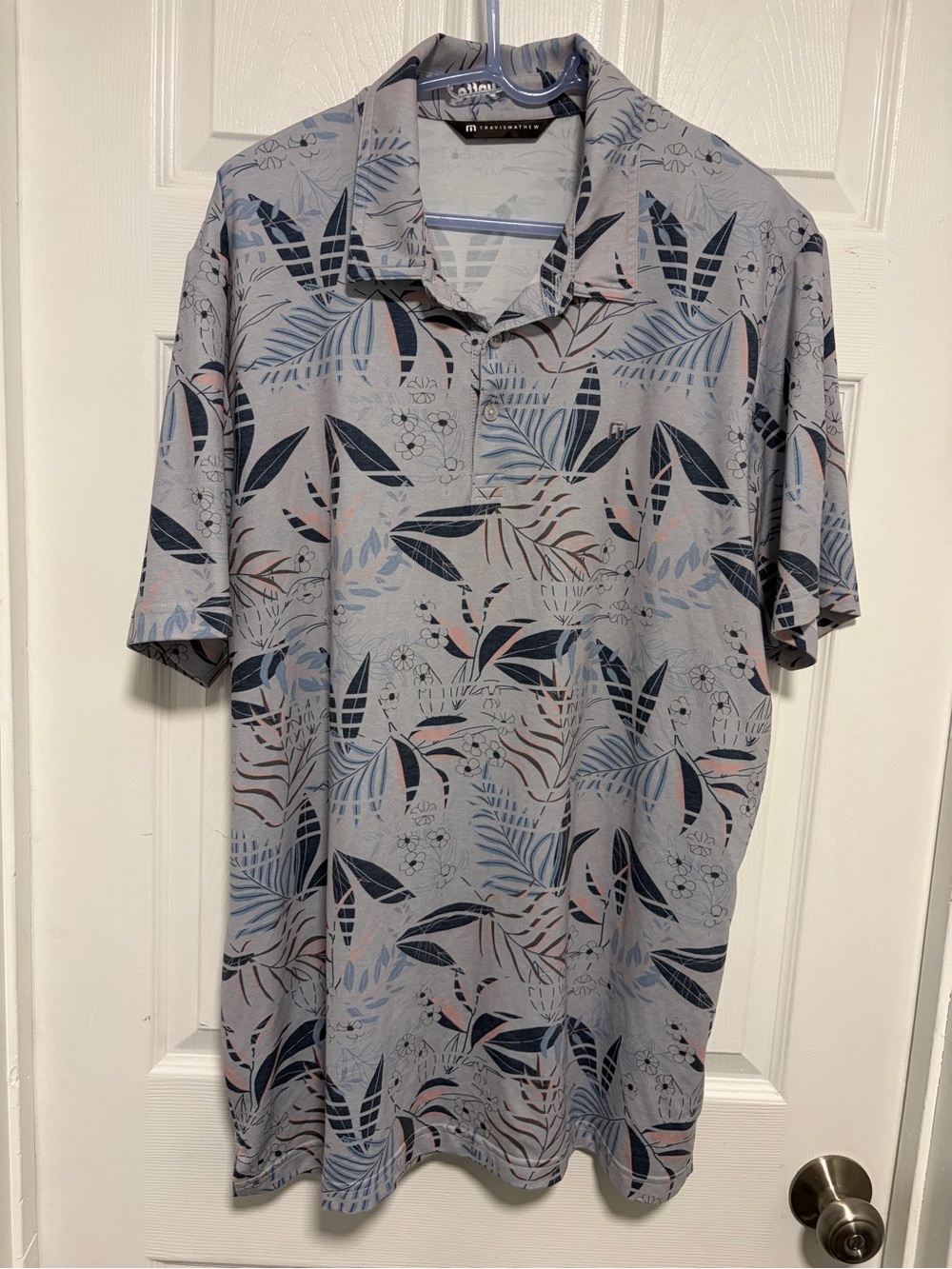 Travis Mathew Light Gray Polo with Blue and Pink Leaf Print